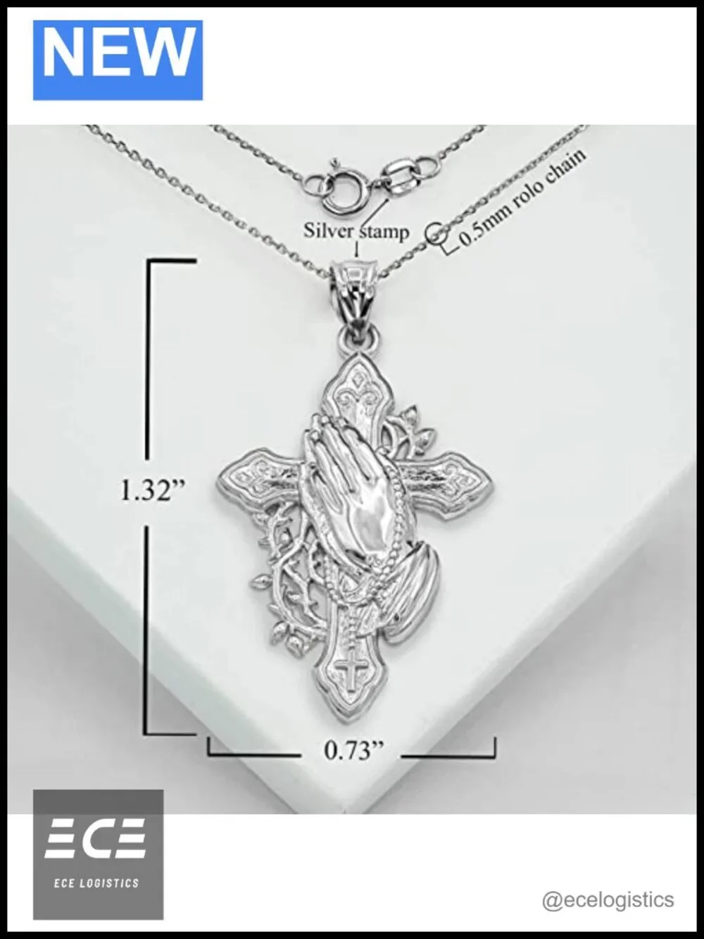 Sterling Silver Cross Praying Hands Rosary Pendant Necklace 20in
